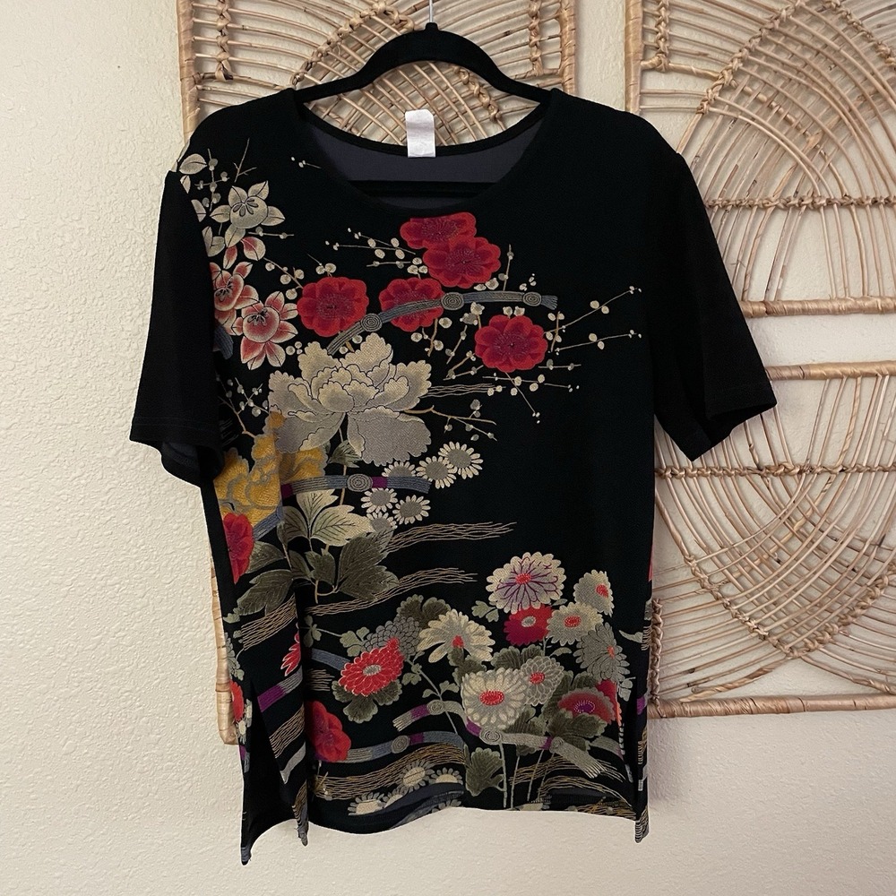 Moonlight Asian Top Blouse Artsy Floral Japanese Black Women's Sz L  B1